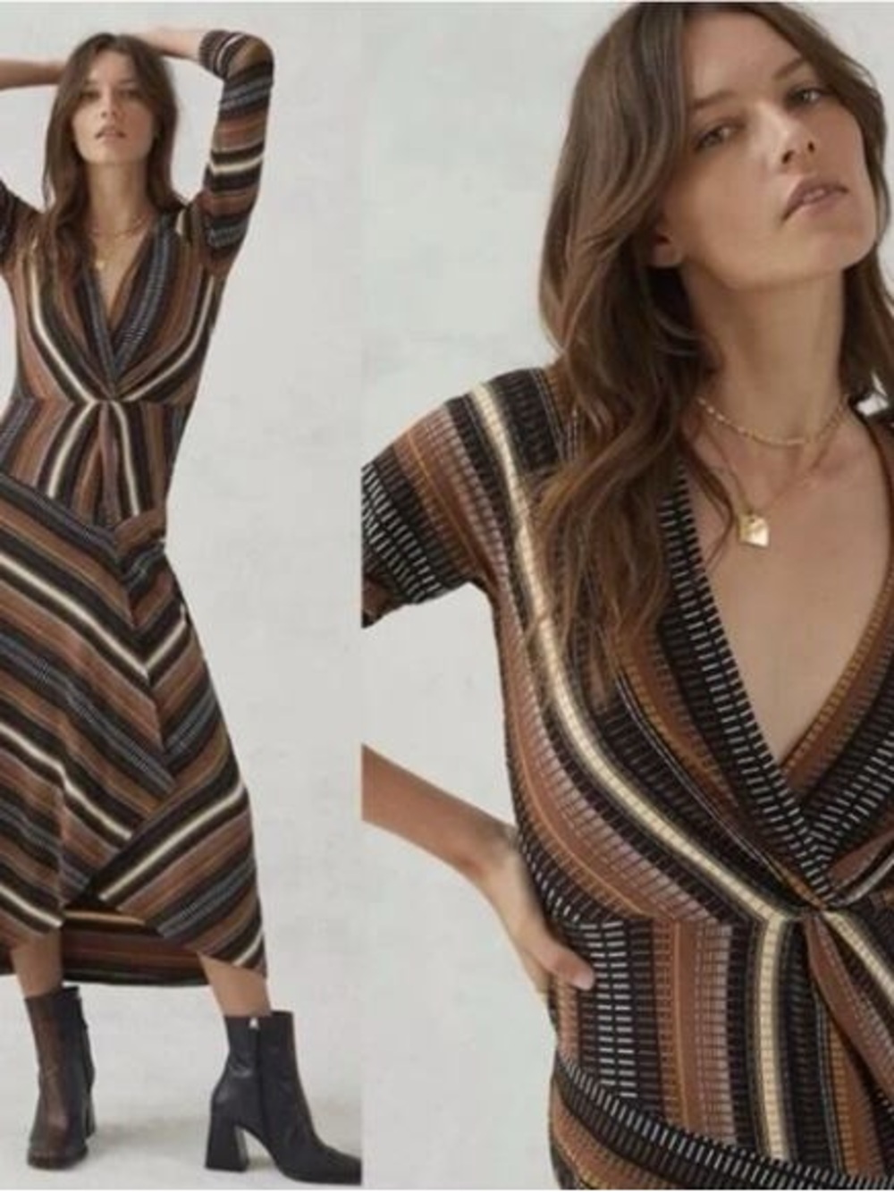 Anthropologie Striped V-Neck Knot-Front Maxi Dress in Brown and Black